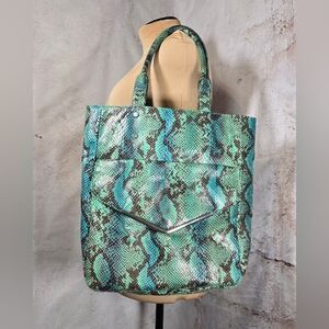 NWOT Large Vintage Turquoise Blue & Green Snake Print Shoulder Tote Bag Purse